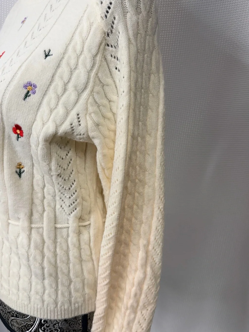 Storia Cream Embroidered Cable-Knit Crew Sweater with Waist Tie